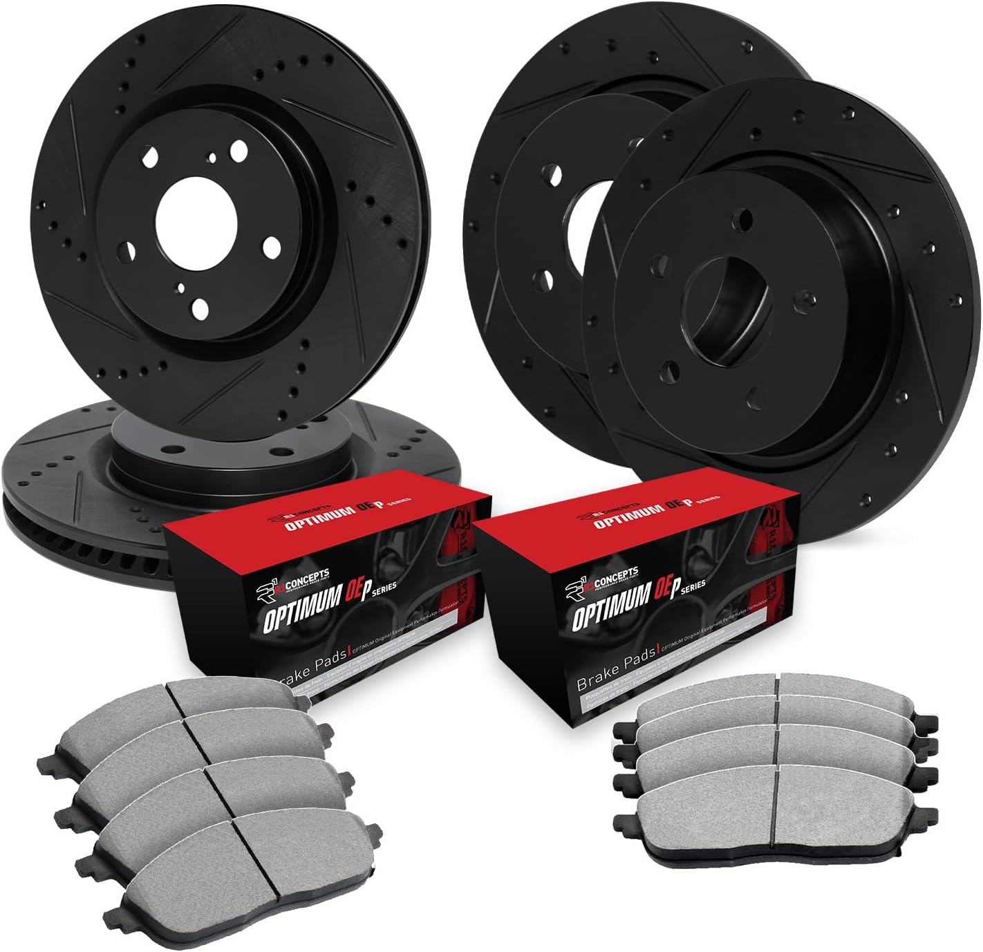 R1 Concepts Front and Rear Brake Kit Fits 2010-2011 Hyundai Genesis 3.8 Sedan| Optimum Oep Brake Pads and Drilled Slotted Brake Rotors| 12.6' Front & 12.4' Rear