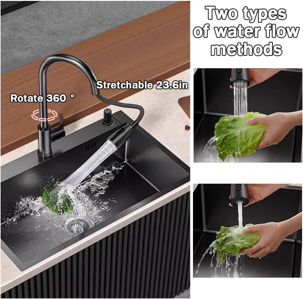 21.7 * 17.7in Drop In Kitchen Sink,Black Stainless Steel Single Bowl Sink,Topmount Workstation Sink With Pull Out Faucet,Soap Dispenser And Drain Basket