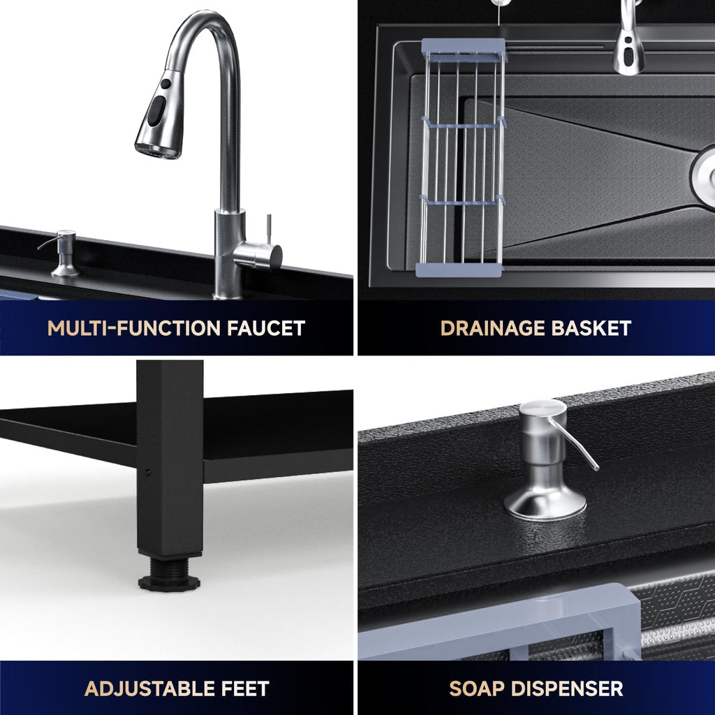 Heavy Duty Stainless Steel Utility Sink,36' Freestanding Laundry Room Sink with Stainless Steel Pull-Out Faucet, Storage Shelf & Drain Kit Single Bowl Sink for Outdoor, Garage, Workshop(Black 36x20)