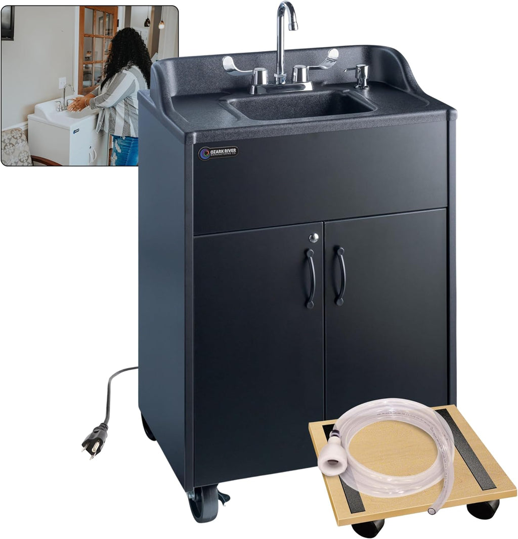 Ozark River Portable Sinks Premier Black & Fill-n-Roll Dolly Kit Bundle, Black Laminate-ABS, Portable Sink with Hot Water, Self-Contained Sink, Portable Hand Washing Station, 110V
