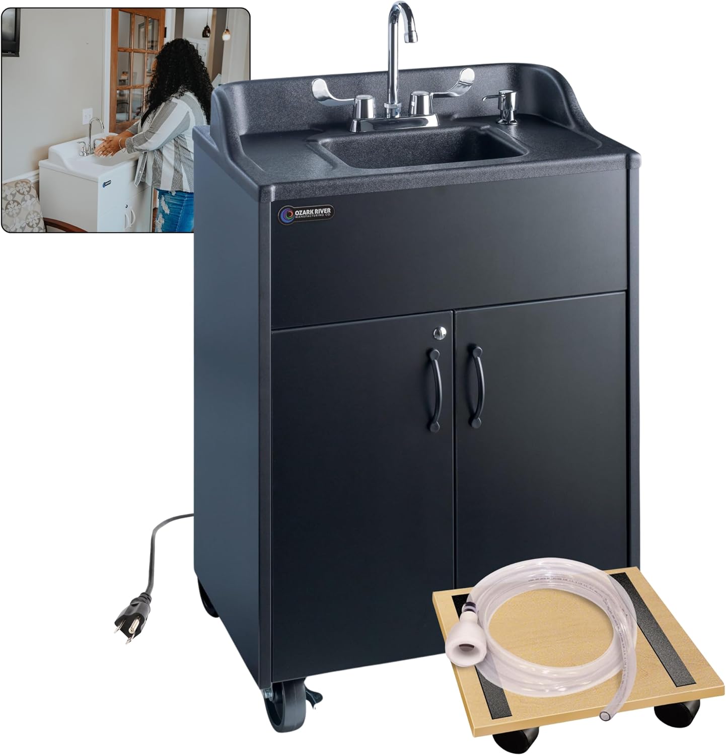 Ozark River Portable Sinks Premier Black & Fill-n-Roll Dolly Kit Bundle, Black Laminate-ABS, Portable Sink with Hot Water, Self-Contained Sink, Portable Hand Washing Station, 110V