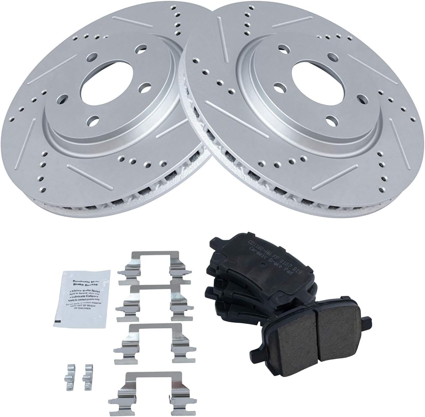 TRQ Performance Front Brake Pad & Rotor Set Ceramic Drilled Coated Rotors Compatible with 04-12 Chevrolet Malibu 08-10 HHR 05-10 Pontiac G6 07-08 G5 07-10 Saturn Aura 05-07 Ion Cobalt