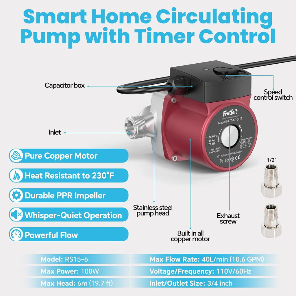 Hot Water Recirculating Pump Kit for Tank Water Heaters – 3-Speed Pump, Thermostatic Bypass Valve, WiFi Smart Plug, 2 Adapters, 1/2' to 3/8' Food-Grade Hoses, Easy DIY Install