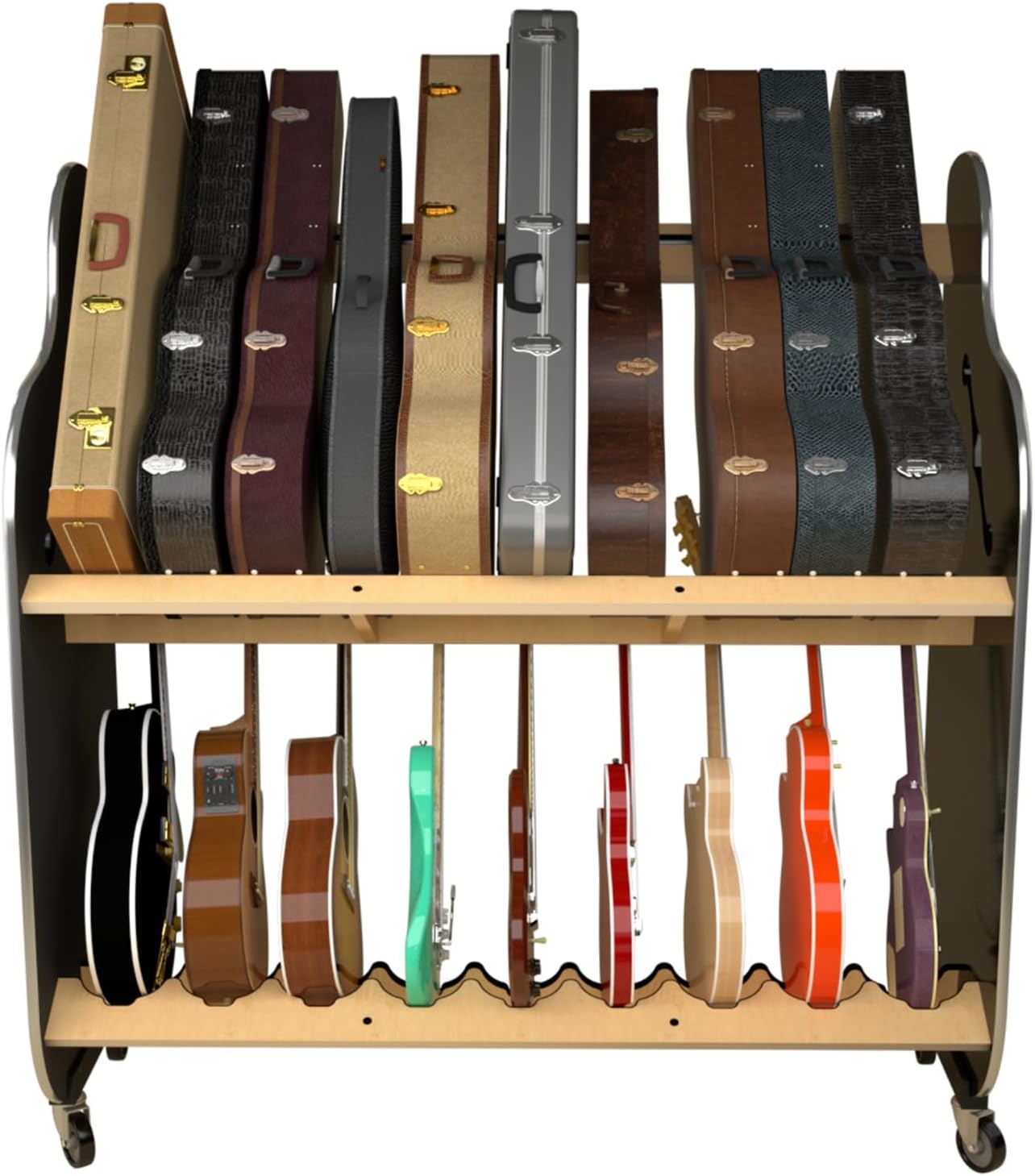 A&S Crafted Products Double-Stack Combo Guitar & Case Rack - The Session-Pro | Mobile 2-Tier Stand | Made in U.S.A.