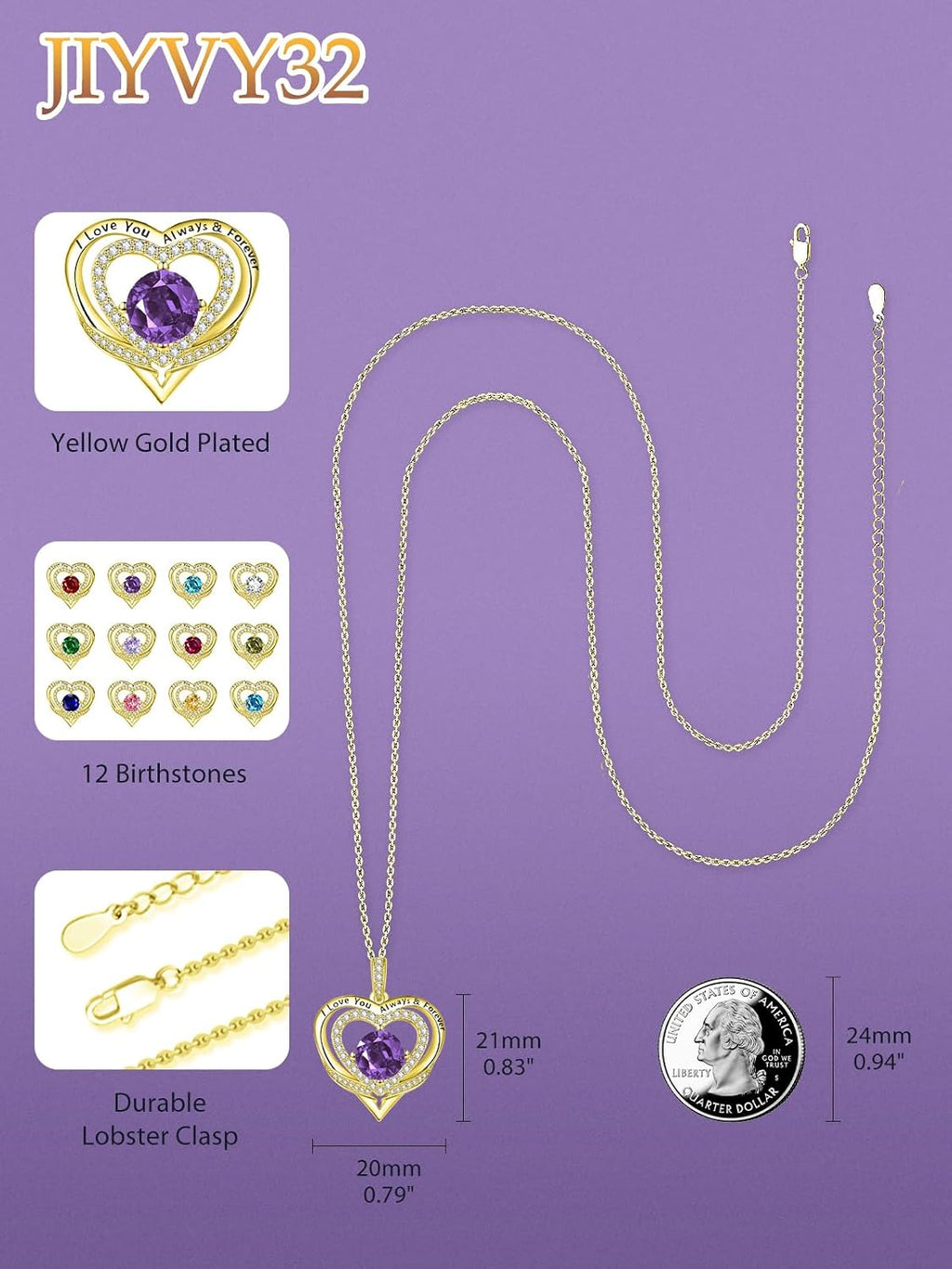 14K Gold Heart Necklaces for Women with Birthstone Pendant ，Double Hearts Necklace Jewelry Gift for Girlfriend Mom Anniversary Birthday Adjustable Chain 18' + 2' 'I Love You Always & Forever