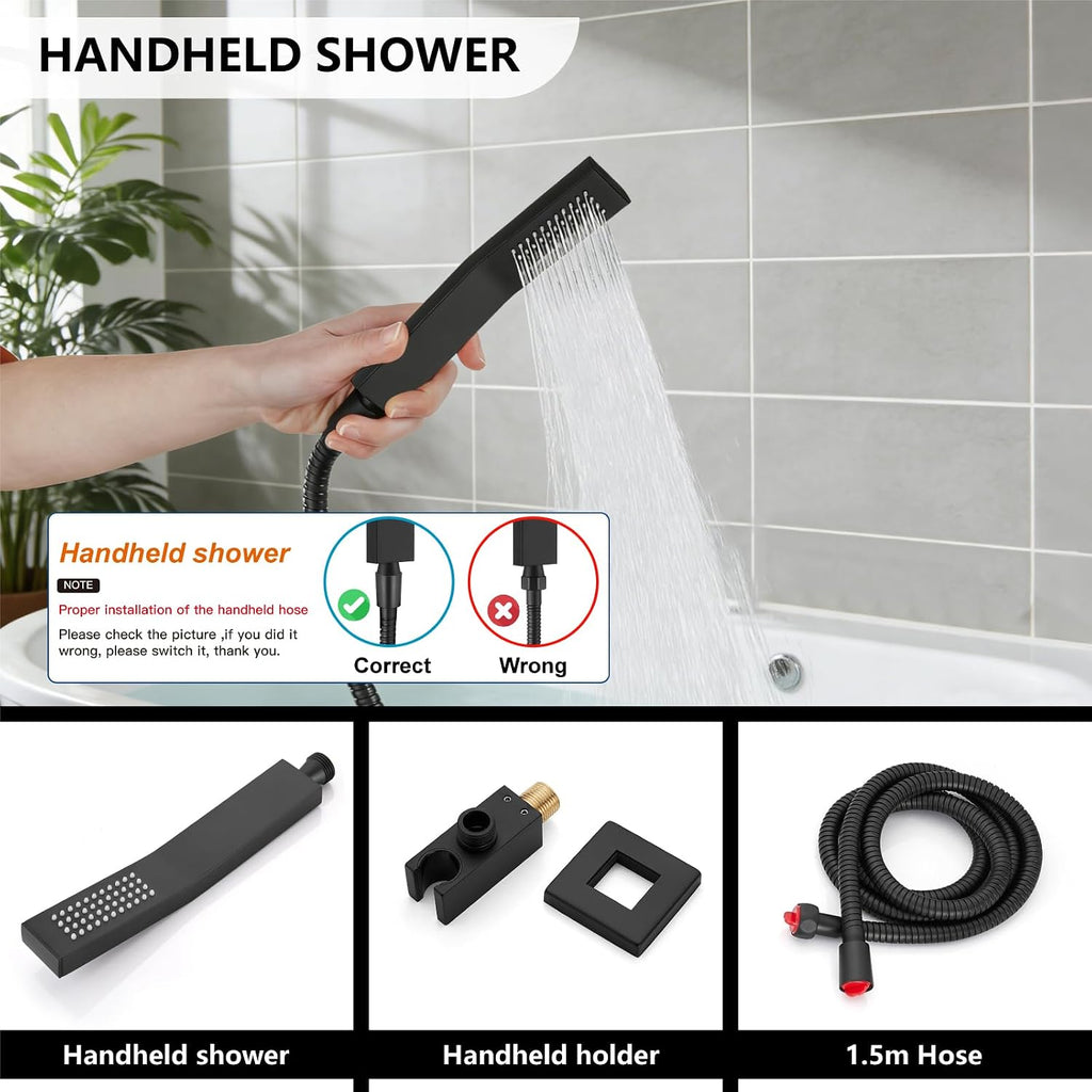 Midanya Rain Shower System Tub Shower Faucet Set Square Rainfall Waterfall Shower Head with Handheld Sprayer Tub Spout Combo Wall Mounted bathtub faucet set Rough-in Valve, 8 Inch Matte Black