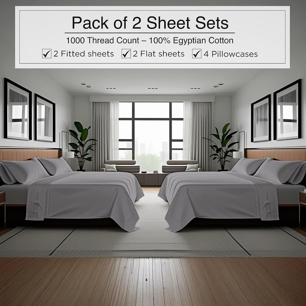 Bluemoon Homes Egyptian Cotton Sheets King Size Pack of 2-4 Piece Sheet Set All Around Elastic 18' Deep Fitted Sheet, Extra Soft Bed Sheets - Light Grey King Bedding Set