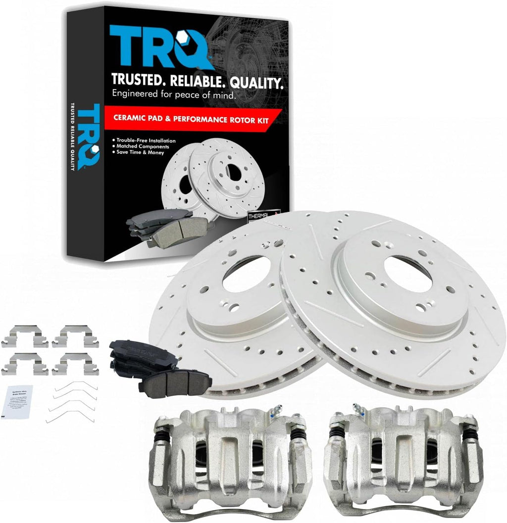 TRQ Performance Front Brake Pad and Rotor Set Ceramic Vented Coated Rotors Calipers Compatible with 2011 Honda Accord Crosstour 2012-2016 CR-V