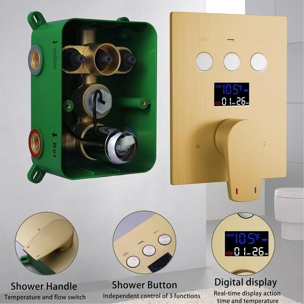 Dual Shower Heads Shower System with 12 Inch Ceiling Rainfall Shower Head and 8 Inch Side Shower Head Digital Display Shower Fixtures Luxury Shower Faucet Set,Brushed Gold