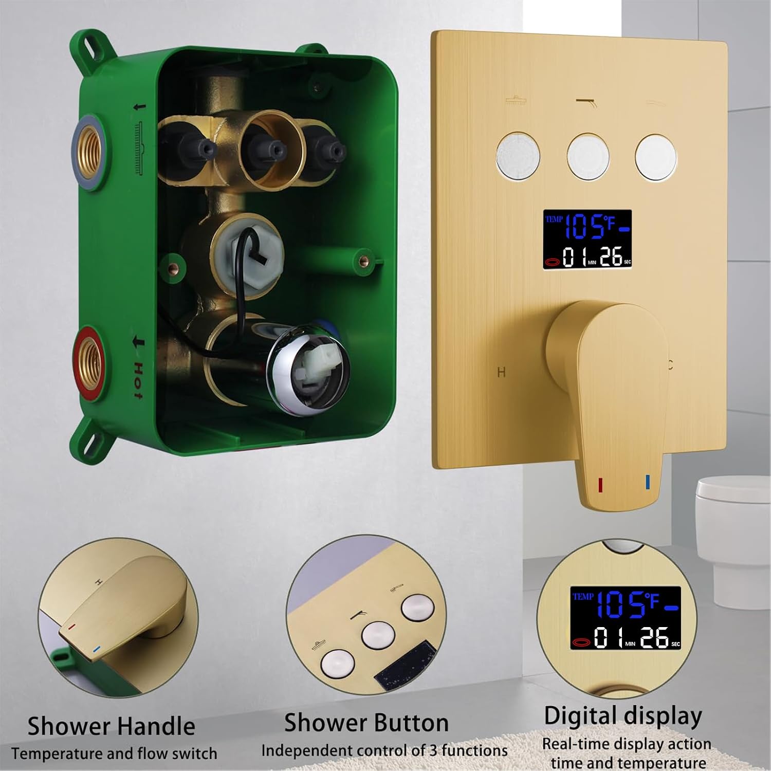 Dual Shower Heads Shower System with 12 Inch Ceiling Rainfall Shower Head and 8 Inch Side Shower Head Digital Display Shower Fixtures Luxury Shower Faucet Set,Brushed Gold