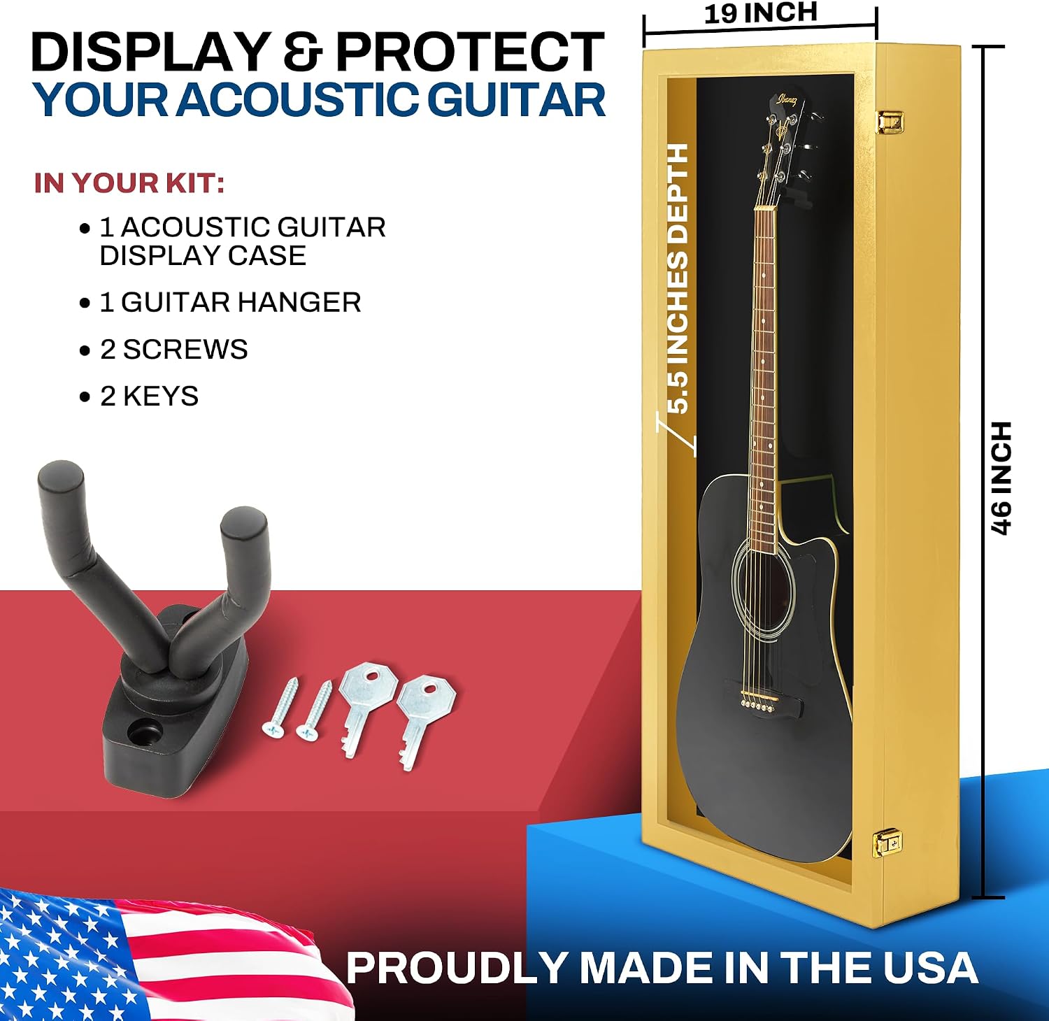PENNZONI Acoustic Guitar Display Case - Acrylic Acoustic Guitar Case - Guitar Display Case Wall Mount Made from Hardwood Frame & Clear Acrylic - Golden Oak w/Black Felt