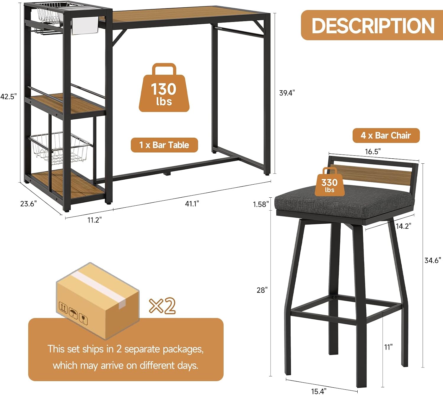 ONBRILL 5-Piece Outdoor Patio Bar Set, Outdoor Bar Table and Chairs Set w/Storage Shelves, Wood Plastic Tabletop, 360° Swivel Stools, Weather-Resistant, Outdoor Furniture for Backyard, Garden, Porch