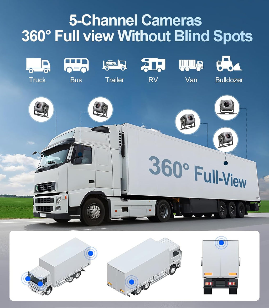 5-Channel 1080P Backup Camera Dash Cam with 10.2'' Monitor,DVR Recording Back Up Camera for RV/Truck/Van/Trailer/SUV Cars, Android.11 Car Raido with Wireless CarPlay/Android Auto/BT/FM/WiFi