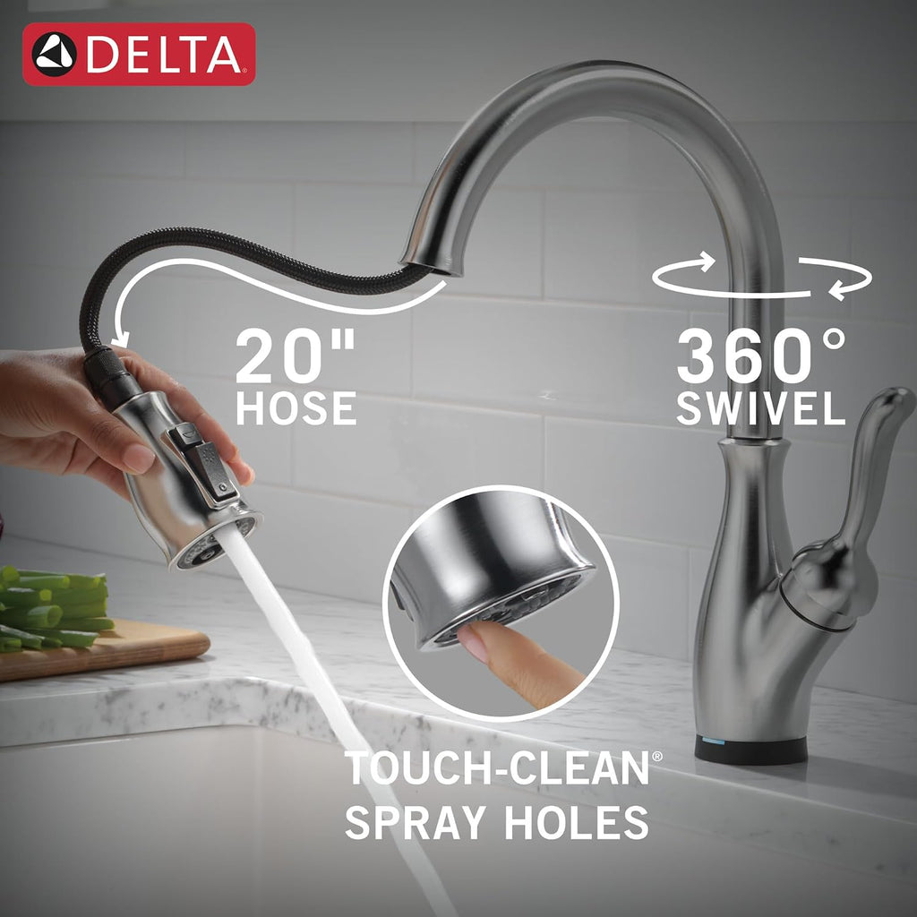 Delta Leland Touchless Kitchen Faucet with Touch Technology, Brushed Nickel Kitchen Sink Faucet with Pull Down Sprayer, Single Hole, Arctic Stainless 9178TL-AR-DST