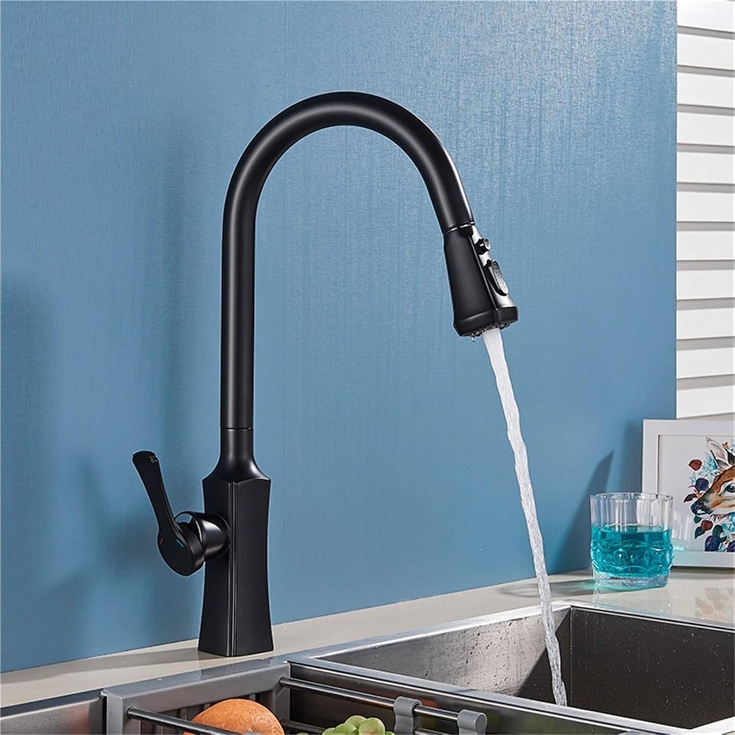 Kitchen Faucet Hot and Cold Water Mixer Faucet Kitchen Pull Out Mixer Crane 2 Function Spout Brass Water Mixer(Black)
