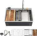 33'x22' Drop In Waterfall Kitchen Sink - 16 Gauge 304 Stainless Steel Top Mount Multifunctional Single Bowl Smart Workstation Waterfall Sink with Faucet Combo, Glass Rinser