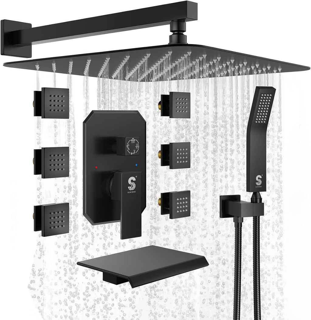 Waist Massage Spray Shower System with 6 Body Jets and Tub Spout, 16'' Full Body Bathtub Shower System with Shower Jet, Wall Mounted Rain Shower and Handheld Shower Faucet Set Complete, Matte Black