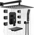 Waist Massage Spray Shower System with 6 Body Jets and Tub Spout, 16'' Full Body Bathtub Shower System with Shower Jet, Wall Mounted Rain Shower and Handheld Shower Faucet Set Complete, Matte Black