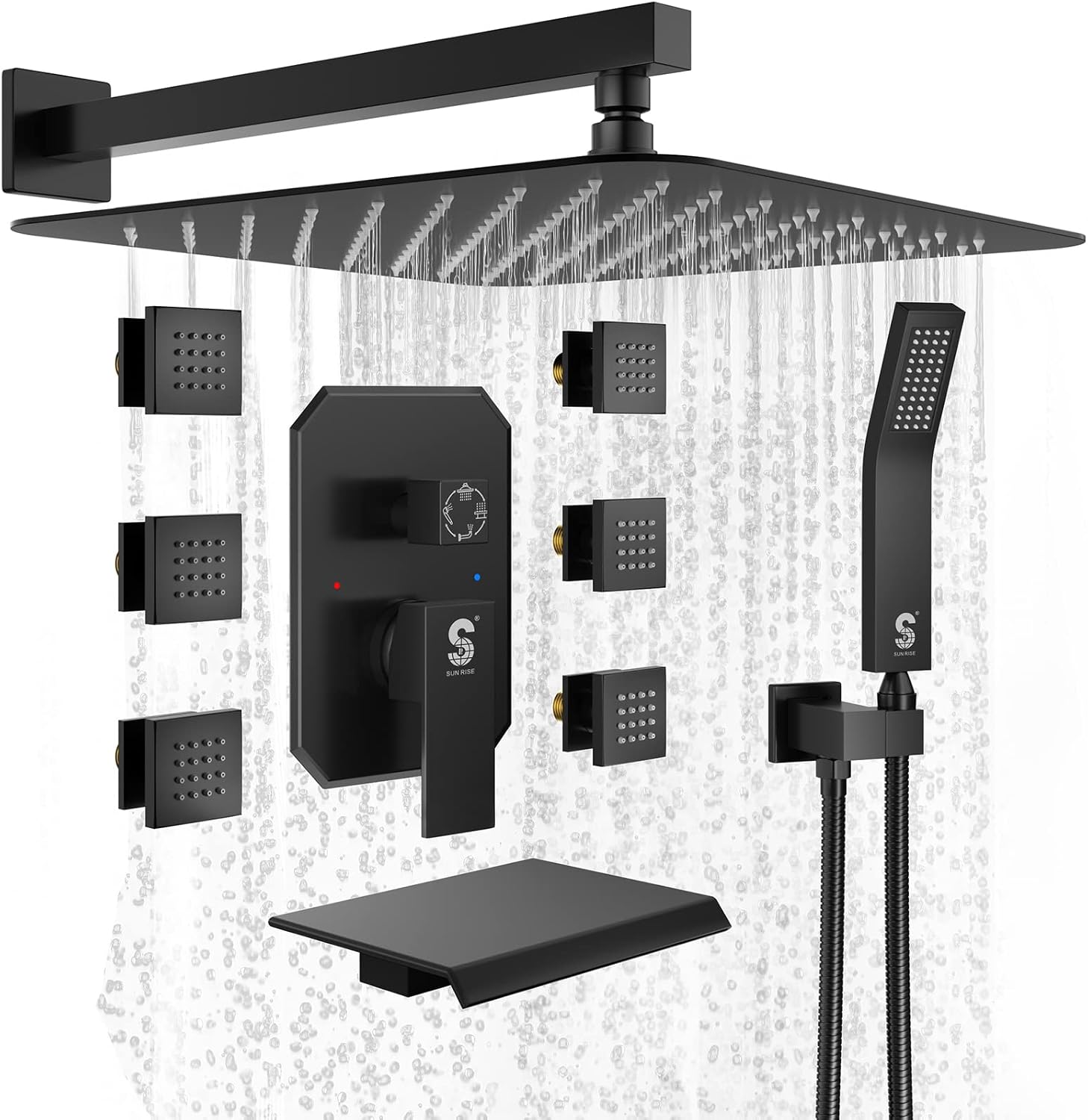 Waist Massage Spray Shower System with 6 Body Jets and Tub Spout, 16'' Full Body Bathtub Shower System with Shower Jet, Wall Mounted Rain Shower and Handheld Shower Faucet Set Complete, Matte Black