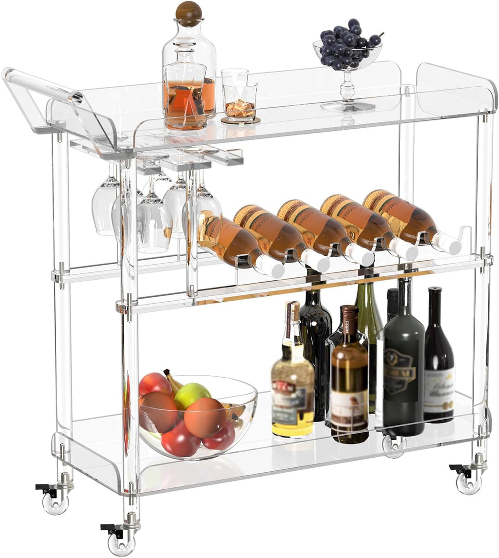 HMYHUM Acrylic Bar Cart with 4 Lockable Wheels, Clear Serving Cart with Wine Rack and Glass Holder, Rolling Beverage Cart for Home, Kitchen, Dinning Room, 33.7' L x 13' W x 34.8' H