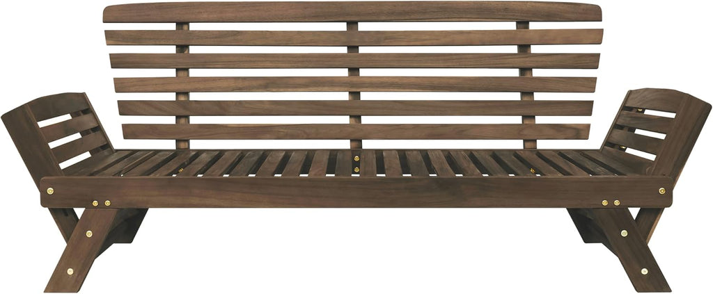Outdoor Adjustable Patio Wooden Daybed Sofa Chaise Lounge with Cushions for Small Places Porch Lawn Garden Backyard Poolside (Brown Finish+Gray Cushion-02)