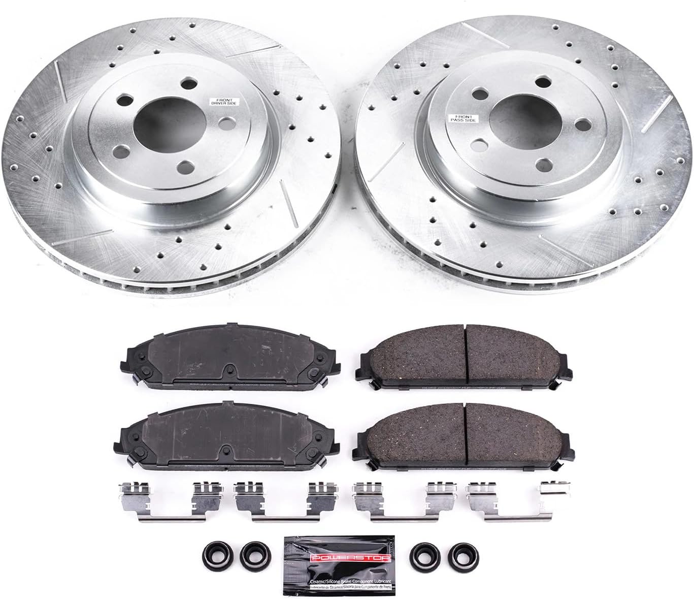 PowerStop Front Brake Kit for Chrysler 300 2005-23 |Dodge Challenger 2009-23 |Charger 2006-23 |Magnum 2005-08 - Drilled and Slotted Disc Rotors with Carbon-Fiber Ceramic Brake Pads Replacement, K2560