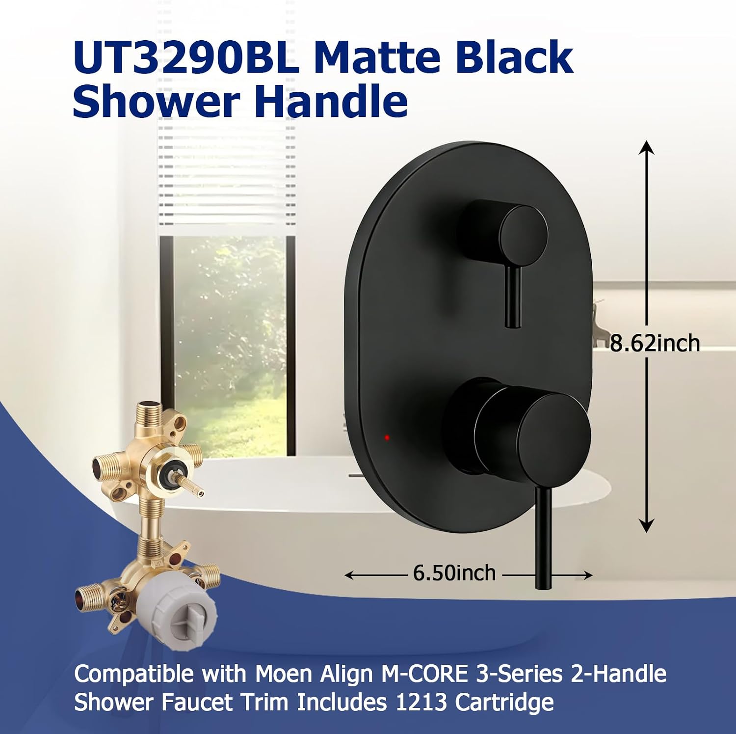 UT3290BL Matte Black Shower Valve Trim Kit Compatible with Moen Align M-CORE 3-Series 2-Handle Shower Faucet Trim Includes 1213 Cartridge for Moen U232 U362 M-CORE Mixing Valve, Valve Require