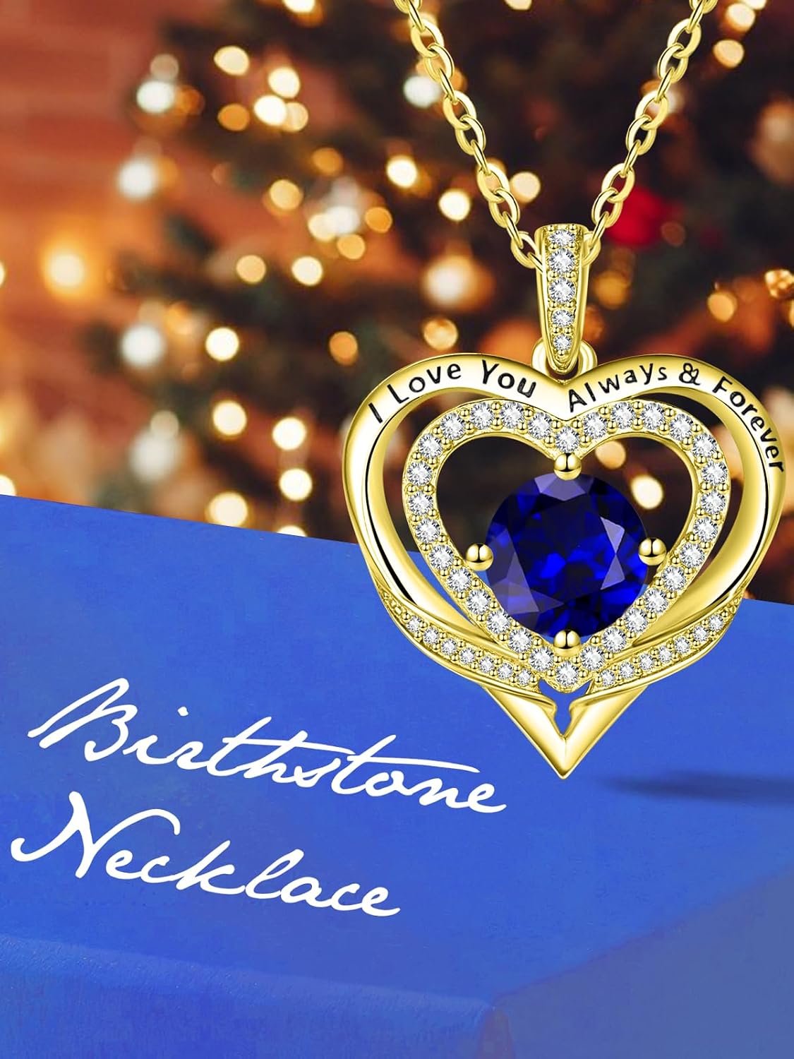 14K Gold Heart Necklaces for Women with Birthstone Pendant ，Double Hearts Necklace Jewelry Gift for Girlfriend Mom Anniversary Birthday Adjustable Chain 18' + 2' 'I Love You Always & Forever