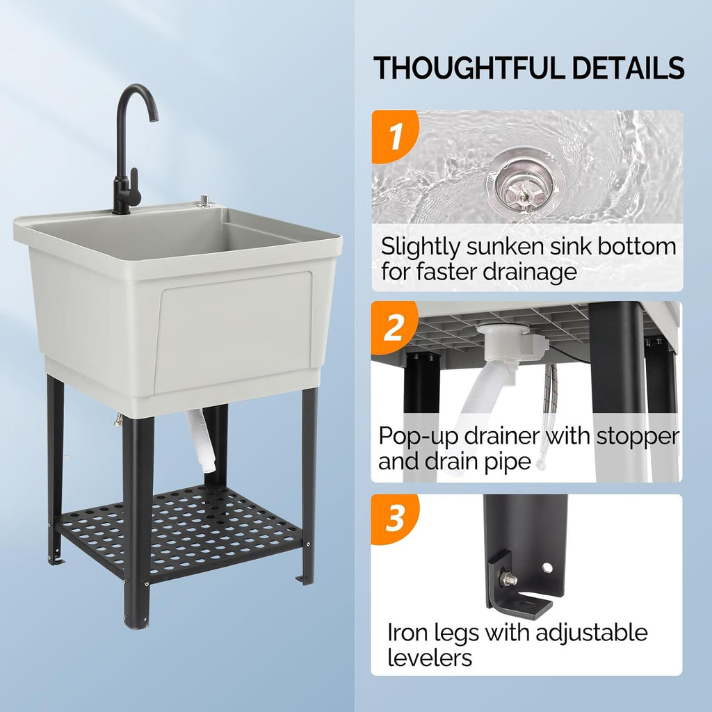 VINGLI Utility Sink Laundry Tub for Washing Room, Freestanding Utility Sink with Stainless Steel Faucet (23.6'W×23.6'D×36.2'H, Grey)