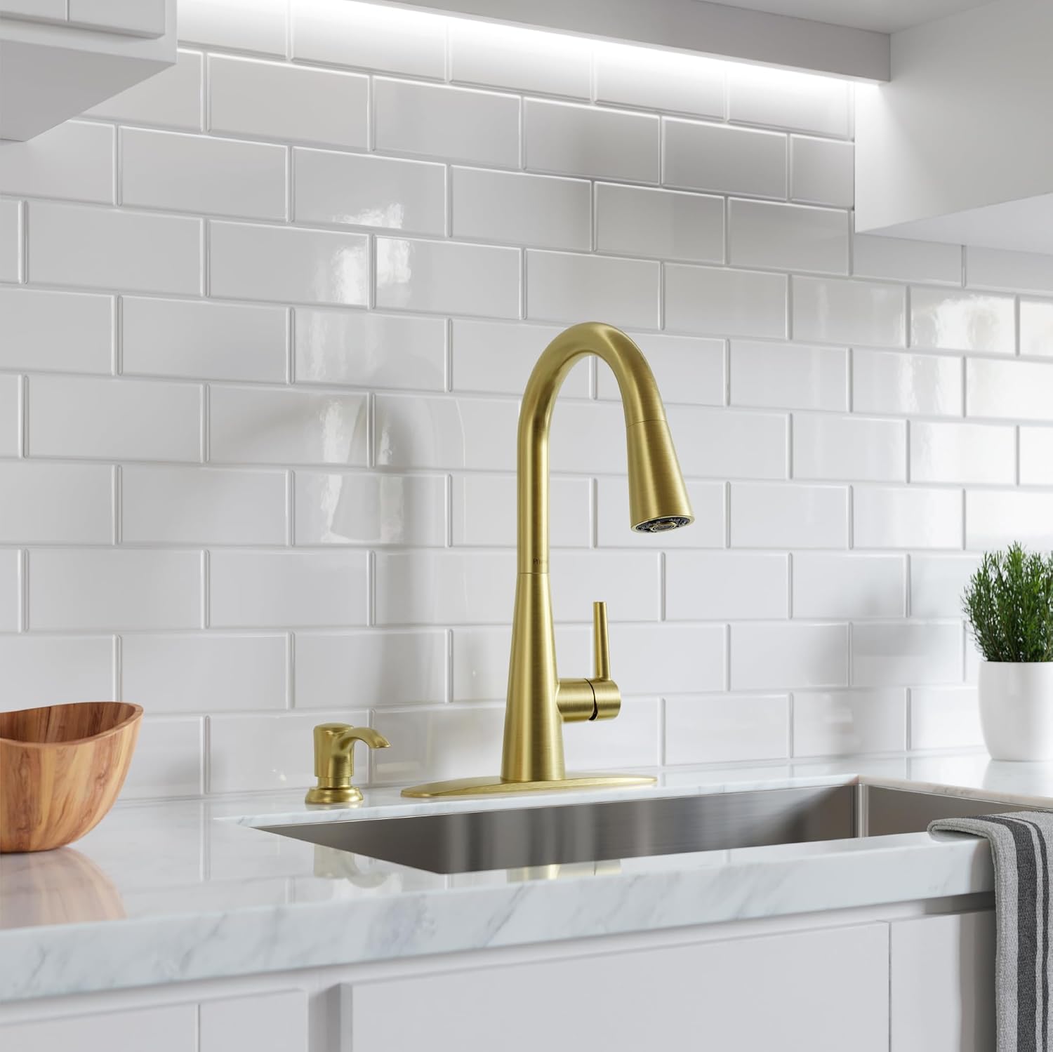 Pfister Barulli Kitchen Faucet with Pull Down Sprayer and Soap Dispenser, Single Handle, High Arc, Brushed Gold Finish, F5297BARBG