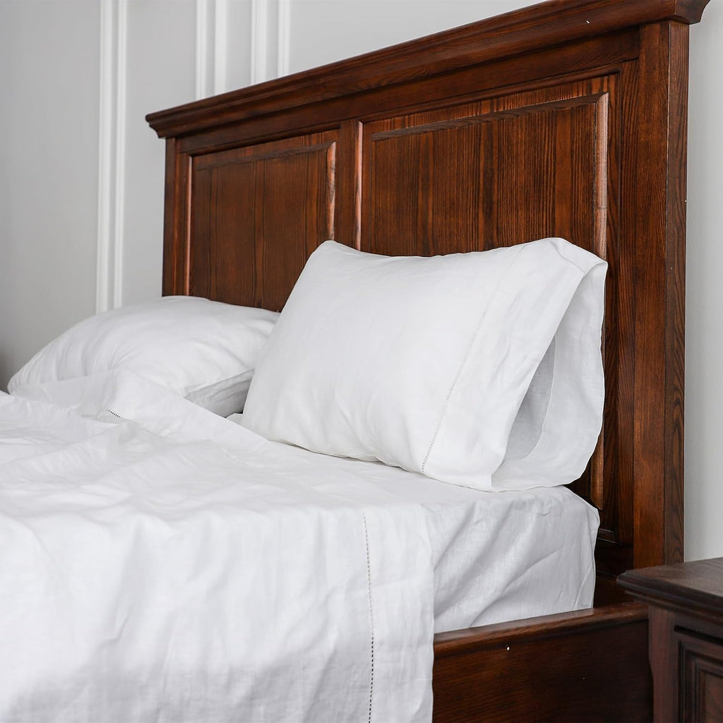 Simple&Opulence 100% French Linen Sheet Set Handmade Hemstitch-4 Pcs Natural Flax Farmhouse Bed Sheets(1 Flat Sheet 1 Fitted Sheet 2 Pillowcases)-Solid Color Soft Breathable Bedding-White, Full