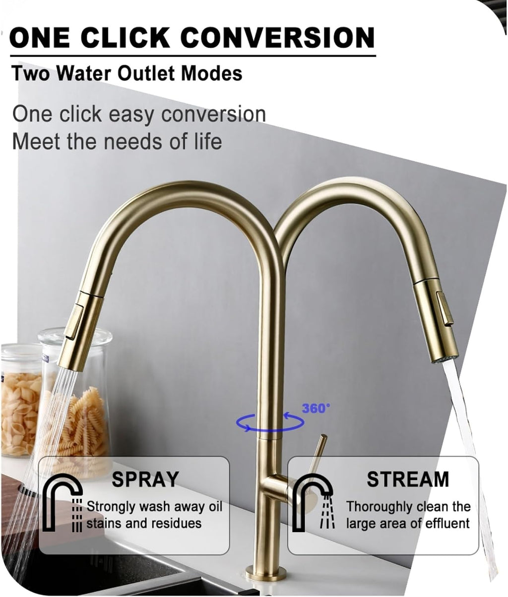 Brass Brushed Gold Black 360 Oegree Rotation Kitchen Hot and Cold Water Sink Taps Pull Out Spout Kitchen Faucet(Brushed Nickel)