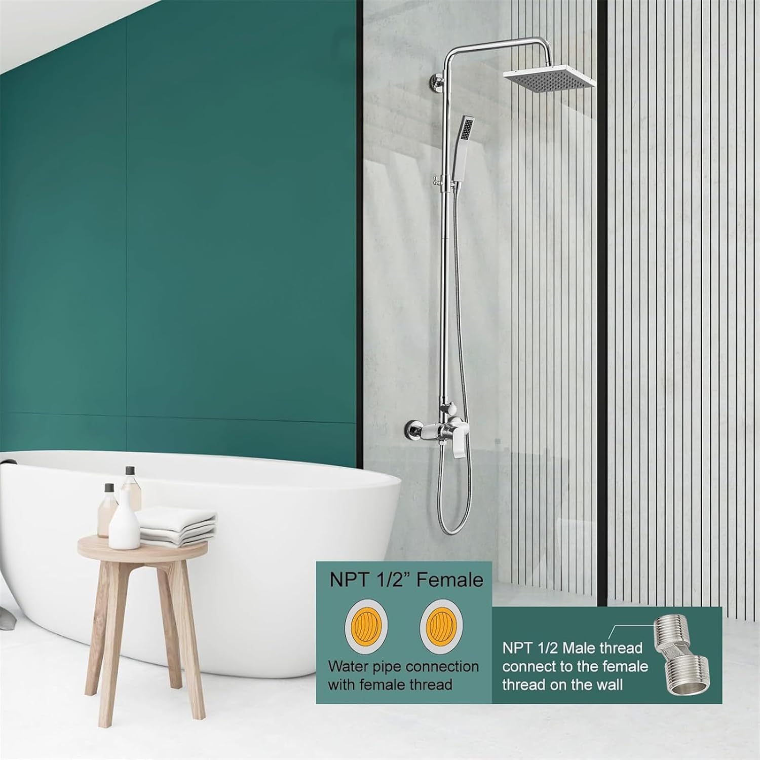 Polish Chrome Exposed Shower System 2 Functional Bathroom Shower Set 8 Inch Square Rainfall Shower Head with Hand Sprayer Wall Mounted