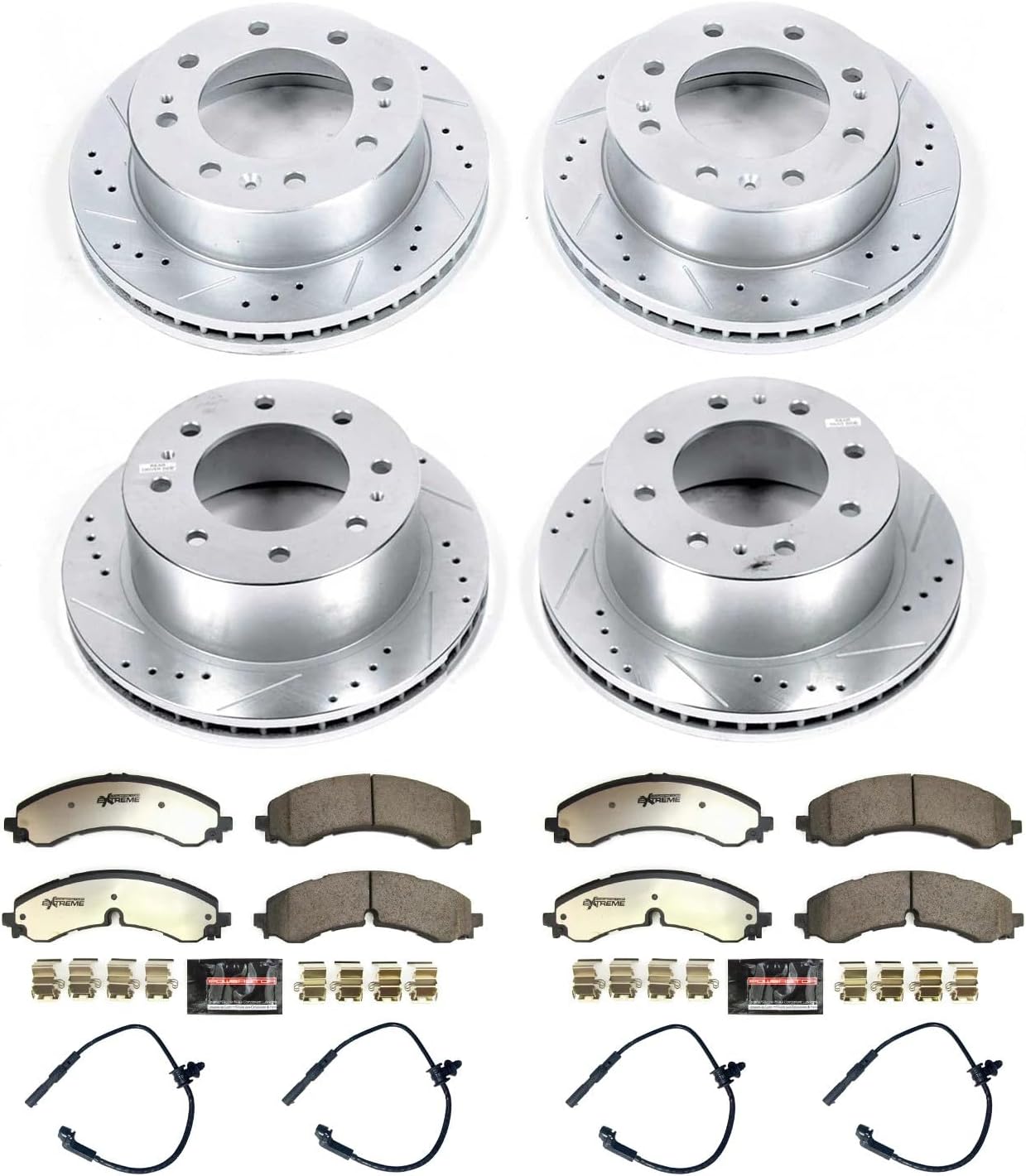 PowerStop Front & Rear Brake Kit For Chevrolet Silverado 2500 HD 2020-24 |GMC Sierra 3500 HD 2020-24 - Truck & Tow Carbon Fiber Ceramic Brake Pads + Drilled & Slotted Rotors Upgrade, K8732-36