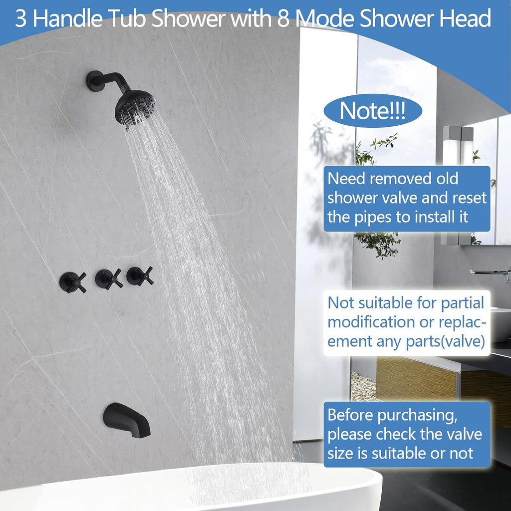 3 Handles Shower Faucet Set with Tub Spout Bathtub Shower Faucets Combo Set Shower System Complete Tub and Shower Trim Kit Shower Fixtures Matte Black