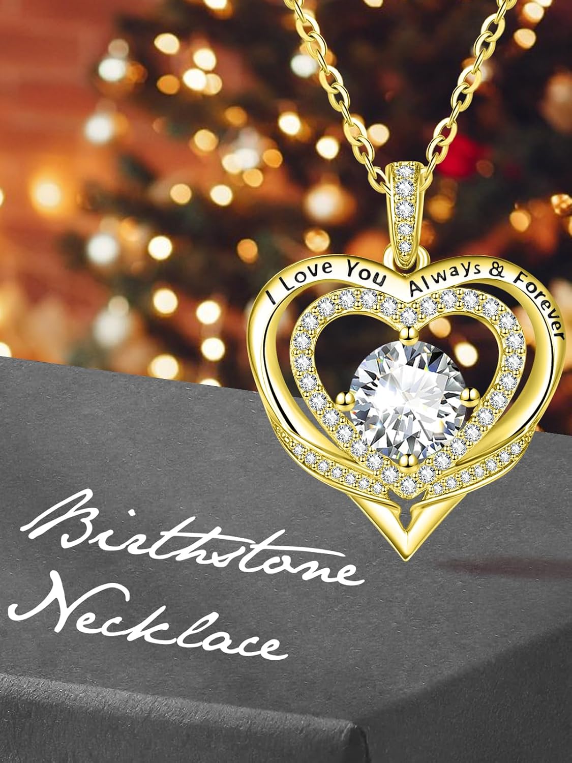 14K Gold Heart Necklaces for Women with Birthstone Pendant ，Double Hearts Necklace Jewelry Gift for Girlfriend Mom Anniversary Birthday Adjustable Chain 18' + 2' 'I Love You Always & Forever