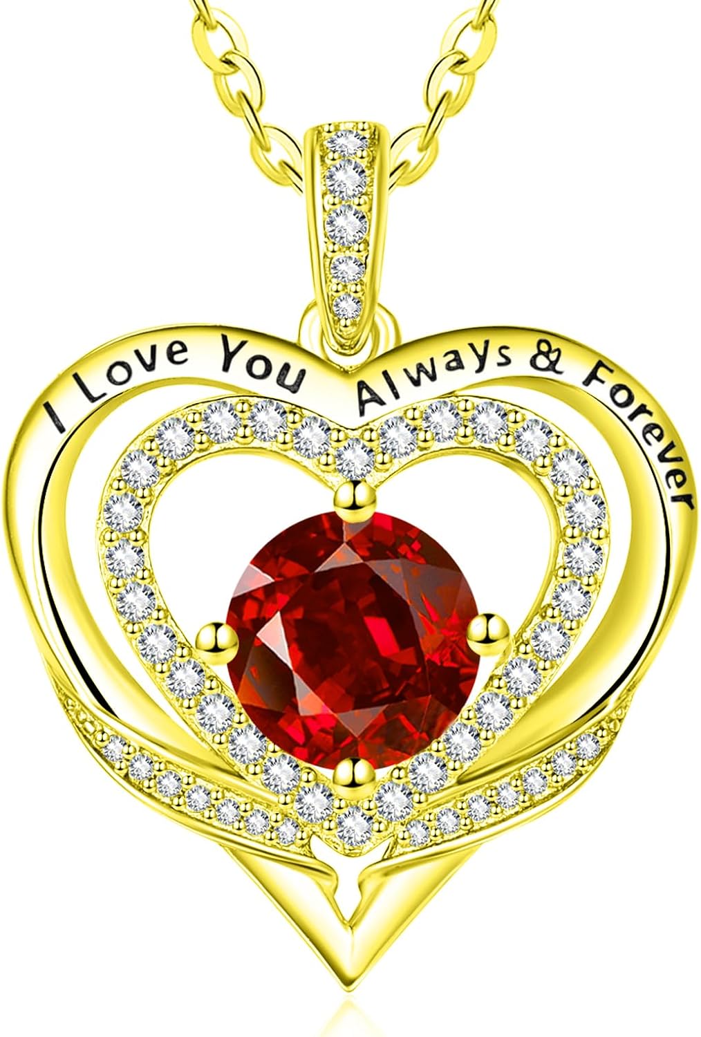 14K Gold Heart Necklaces for Women with Birthstone Pendant ，Double Hearts Necklace Jewelry Gift for Girlfriend Mom Anniversary Birthday Adjustable Chain 18' + 2' 'I Love You Always & Forever