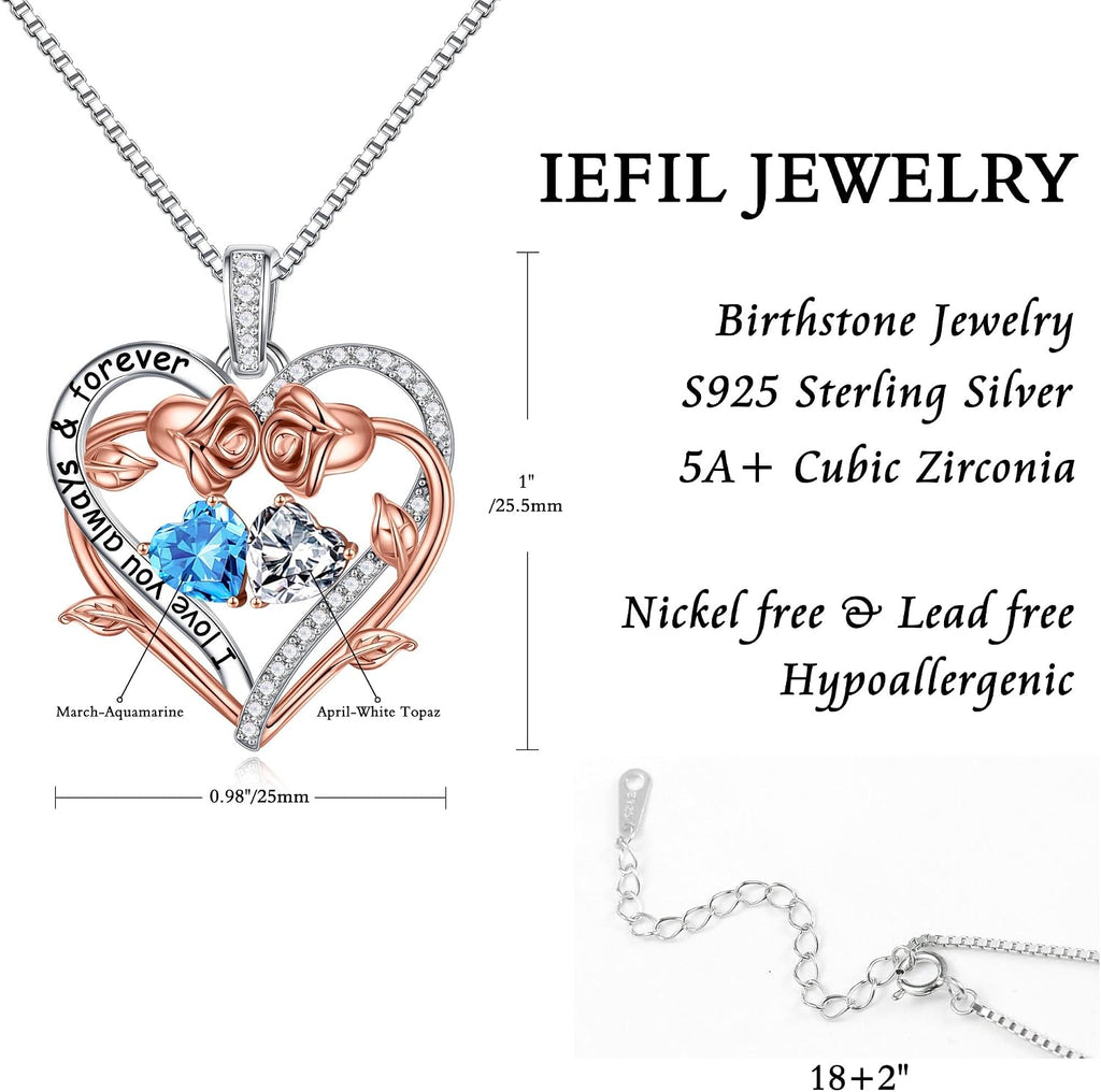 Iefil Rose Heart Double Birthstone Necklace Gifts for Wife Girlfriend Her Women, Birthstone Jewelry Gemstone Birthday Gifts for Mom Grandma Her Wife Women