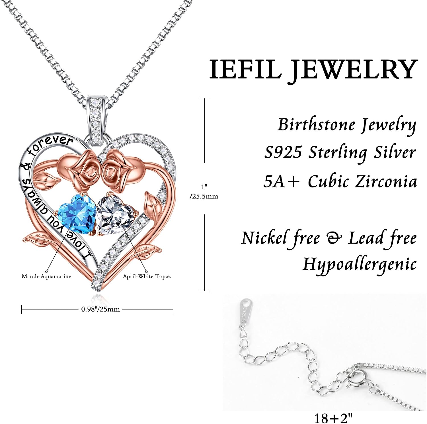 Iefil Rose Heart Double Birthstone Necklace Gifts for Wife Girlfriend Her Women, Birthstone Jewelry Gemstone Birthday Gifts for Mom Grandma Her Wife Women