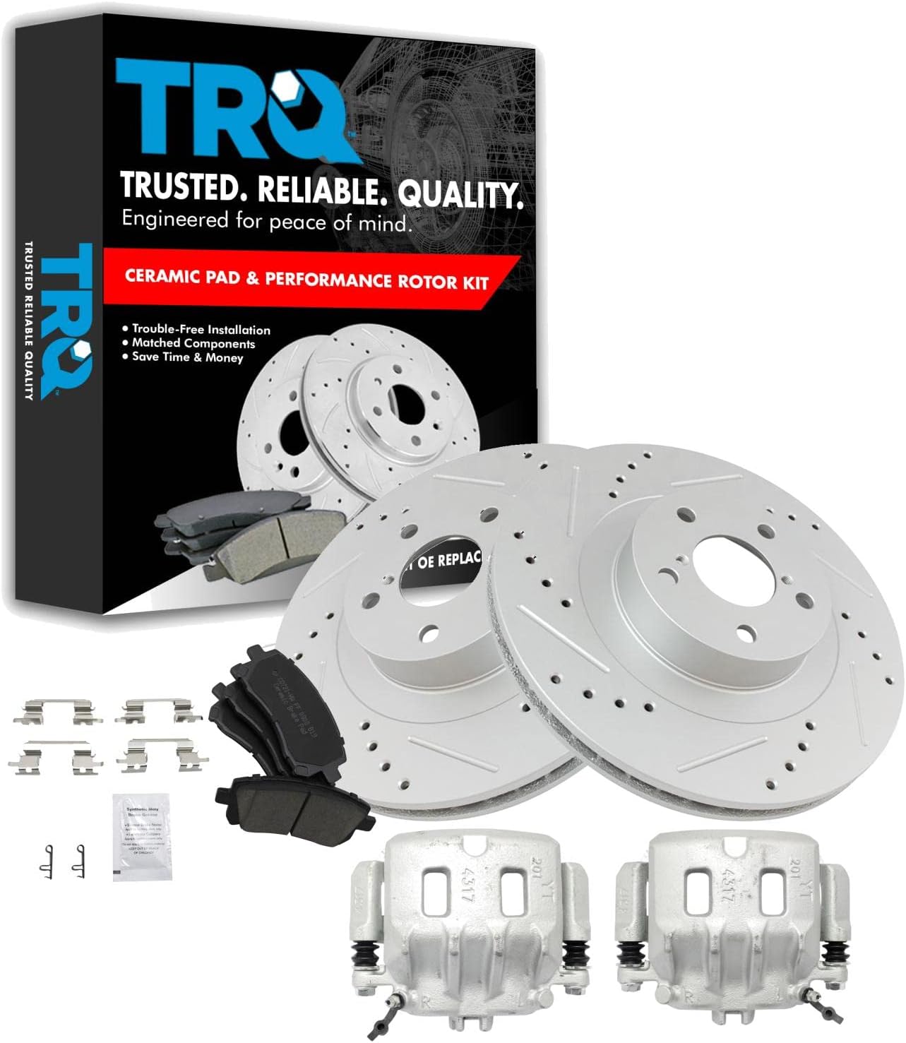 TRQ Performance Front Brake Pad and Rotor Set Ceramic Vented Coated Rotors Calipers Compatible with 2001 Subaru Legacy