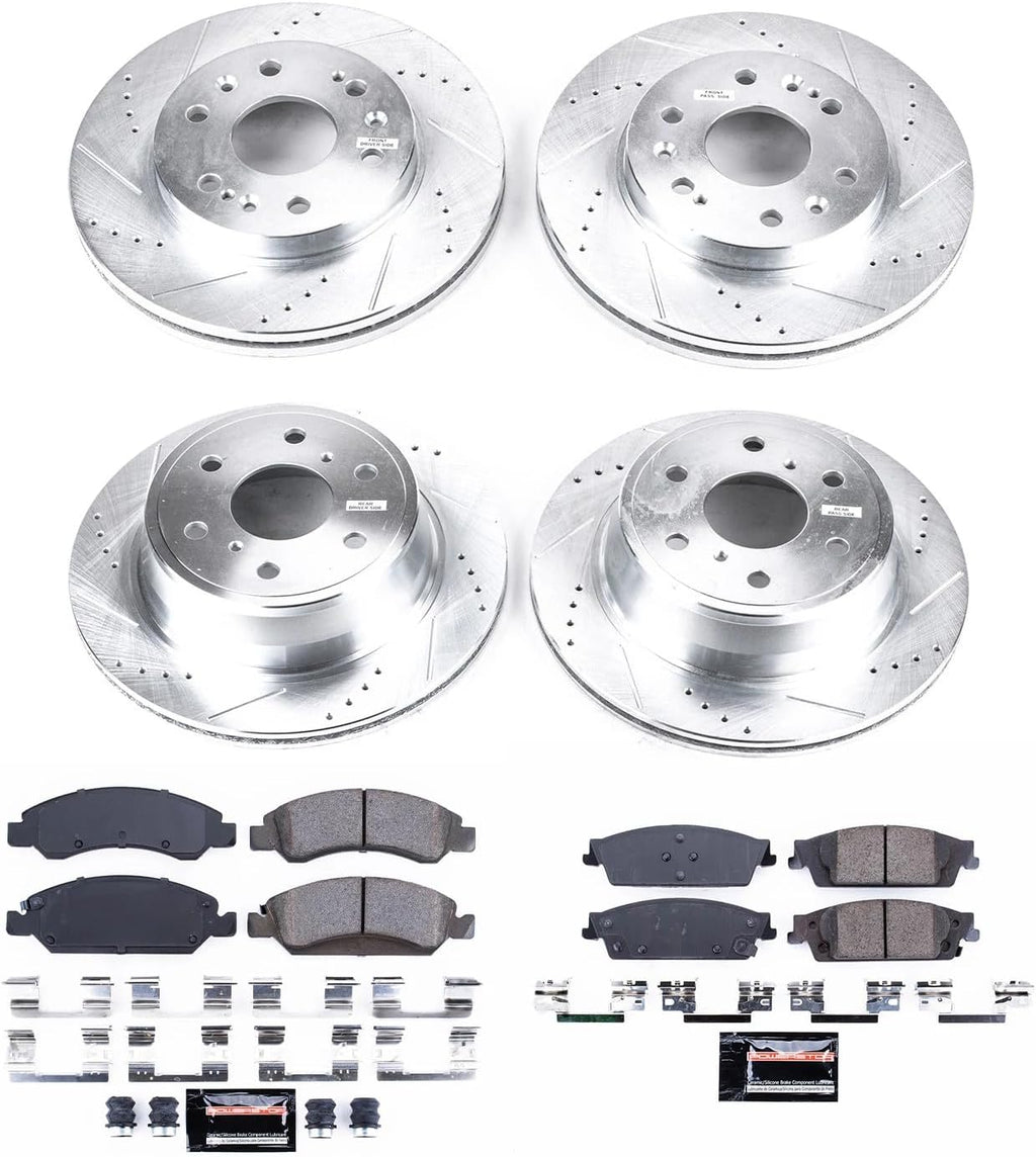 PowerStop Front and Rear Brake Kit for Escalade ESV 2015-20 |Chevrolet Silverado 1500 2014-18 - Drilled and Slotted Disc Rotors with Carbon-Fiber Ceramic Brake Pads Replacement, K6560