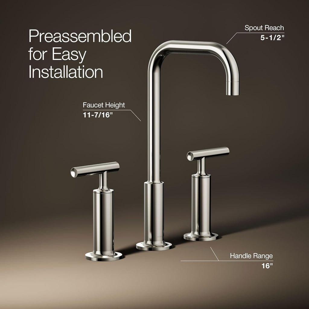 KOHLER K-14408-4-SN Purist® Widespread Bathroom Sink Faucet, 3-Hole, Widespread High Lever Handles and High Gooseneck Spout, 1.2 GPM, Vibrant Polished Nickel
