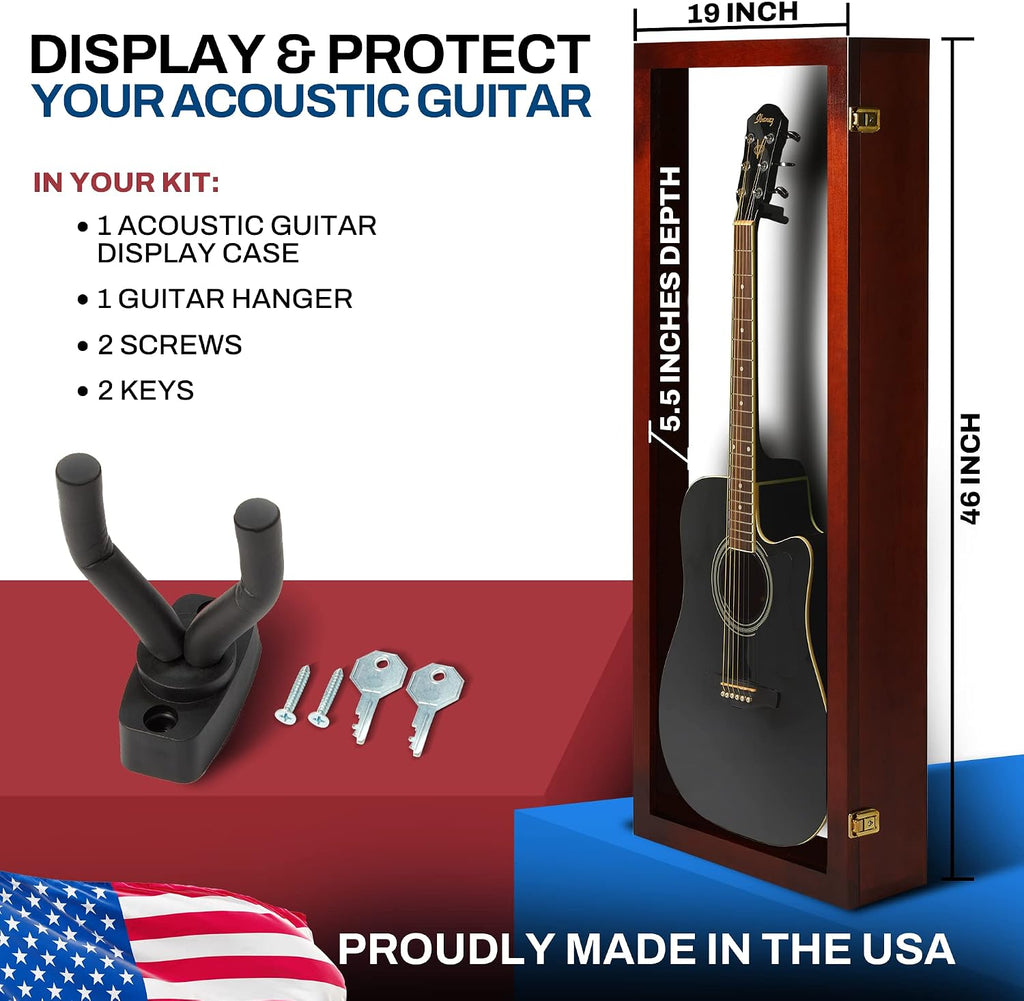 PENNZONI Acoustic Guitar Display Case - Acrylic Acoustic Guitar Case - Guitar Display Case Wall Mount Made from Hardwood Frame & Clear Acrylic - Cherry w/Felt White