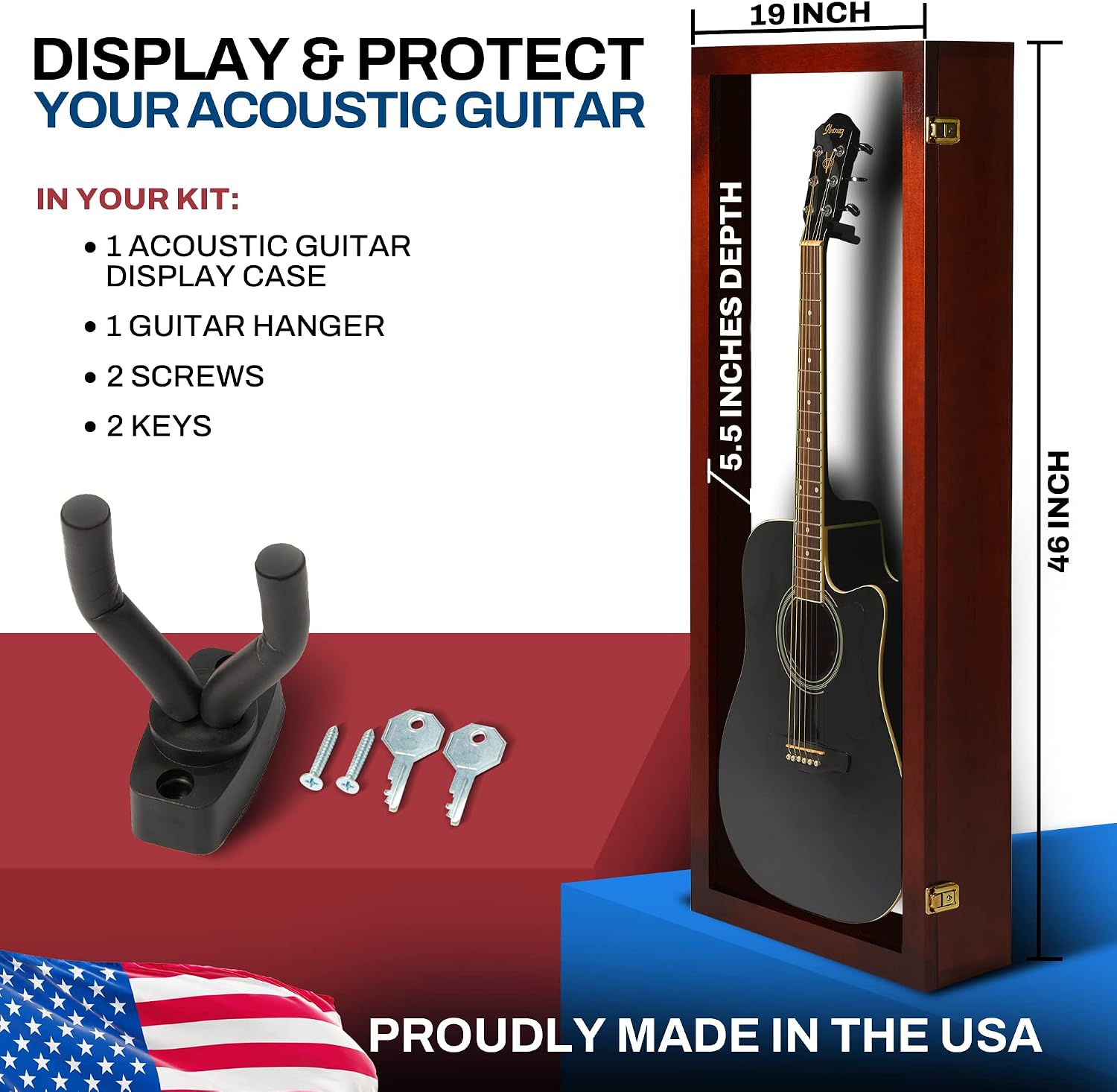 PENNZONI Acoustic Guitar Display Case - Acrylic Acoustic Guitar Case - Guitar Display Case Wall Mount Made from Hardwood Frame & Clear Acrylic - Cherry w/Felt White