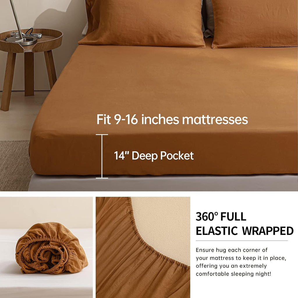 Simple&Opulence 100% Washed Linen Sheet Set Basic Style 3 Pieces (1 Flat Sheet & 1 Fitted Sheet & 1 Pillowcase) Natural French Flax Soft Breathable Farmhouse Bedding (Twin, Rust)