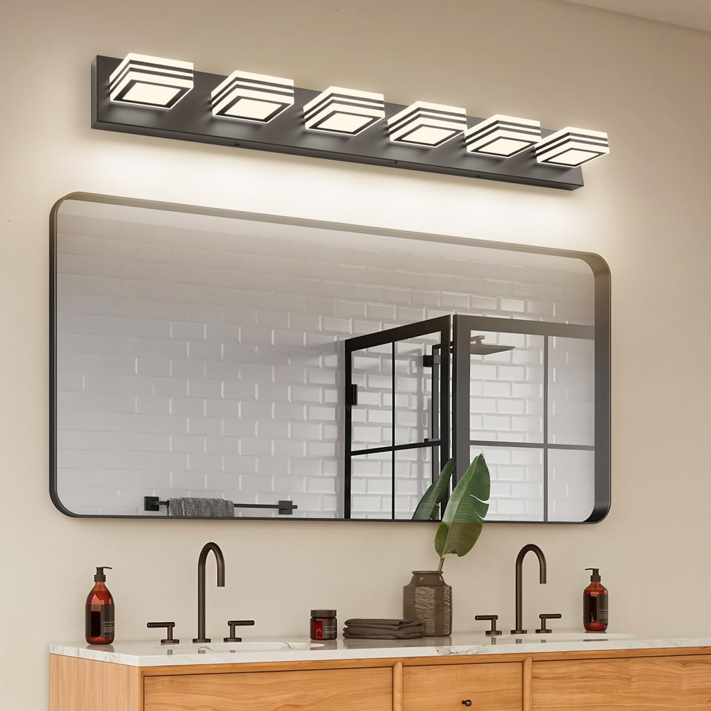 SOLFART Modern Black Vanity Lights Fixtures: 6 Lights Acrylic LED Matte Black Vanity Lights for Bathroom 39inch 5CCT