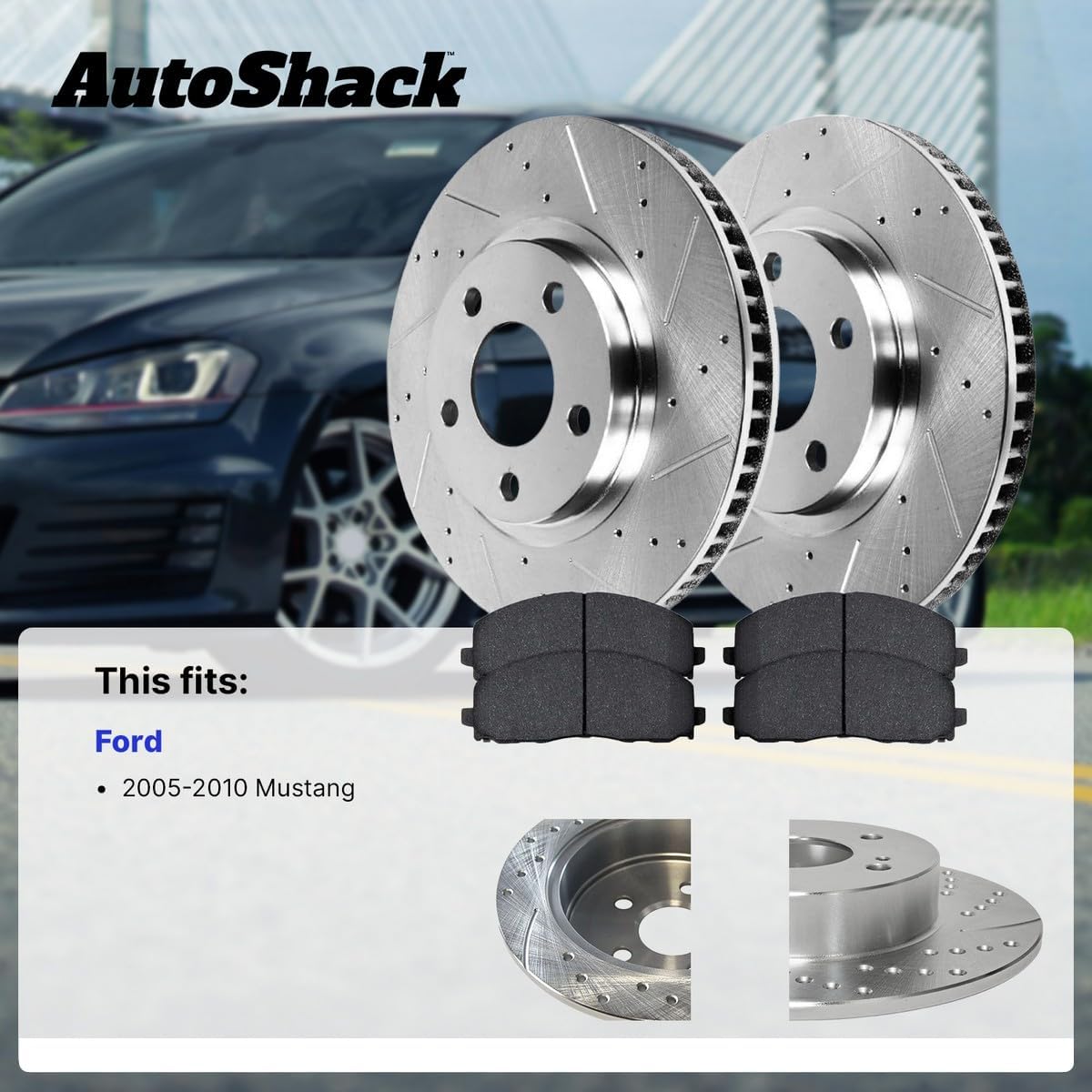 AutoShack Front & Rear Brake Rotors & Premium Pads for Ford, Mustang 2005-2010, RWD V6 4.0L - Silver Zinc Coated Drilled & Slotted - SilverShield Pro