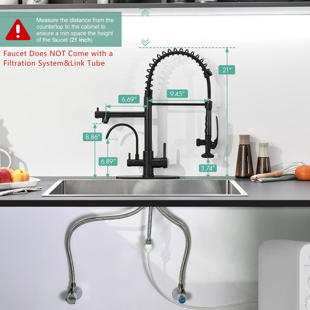 Fapully Commercial Kitchen Faucet with Pull Down Sprayer and Water Filter, Matte Black 3 in 1 Kitchen Faucets with Drinking Water Faucet