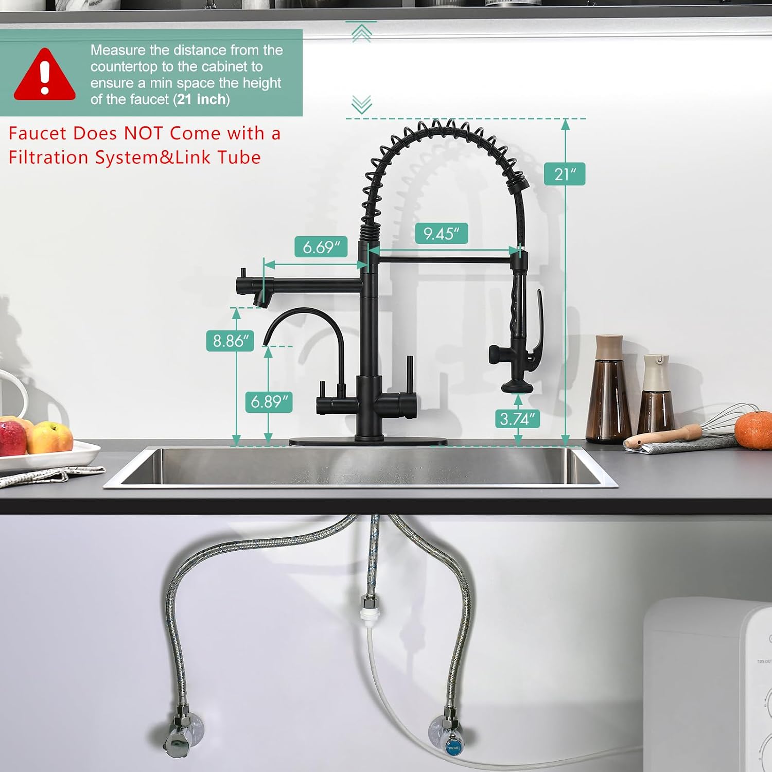 Fapully Commercial Kitchen Faucet with Pull Down Sprayer and Water Filter, Matte Black 3 in 1 Kitchen Faucets with Drinking Water Faucet
