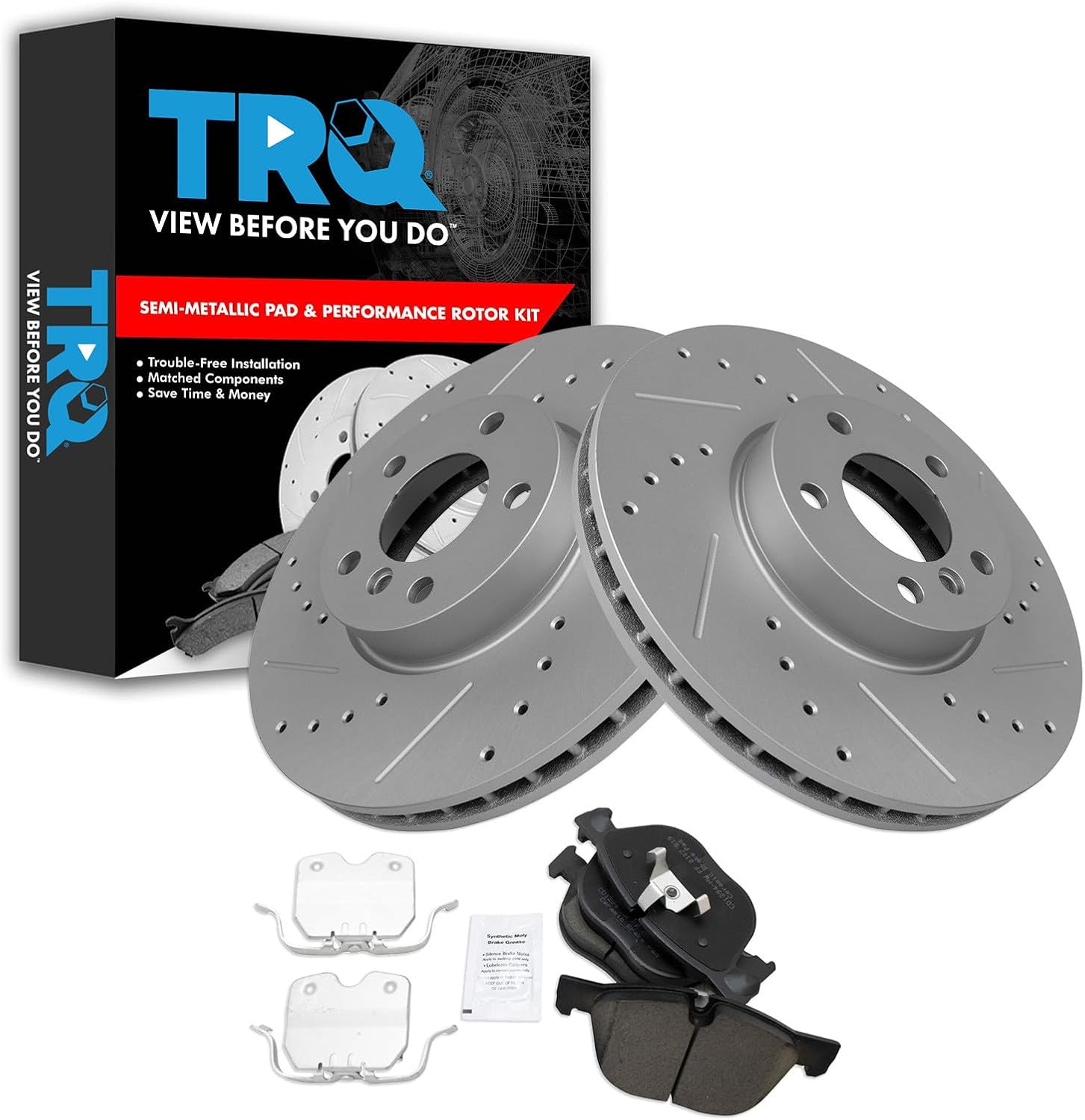 TRQ Performance Front Brake Pad and Rotor Set Ceramic G Coated Drilled Slotted Rotors Compatible with 2007-2018 BMW X5 2011-2019 X6